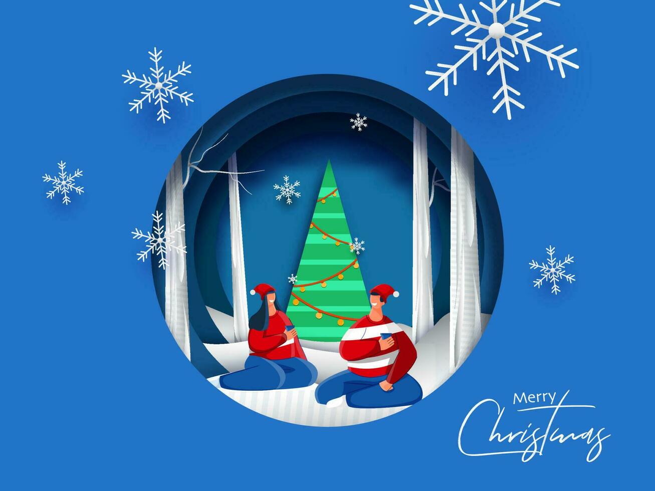 papier besnoeiing stijl groet kaart ontwerp met decoratief Kerstmis boom en gelukkig paar genieten van drankjes Aan besneeuwd achtergrond voor vrolijk Kerstmis viering. vector