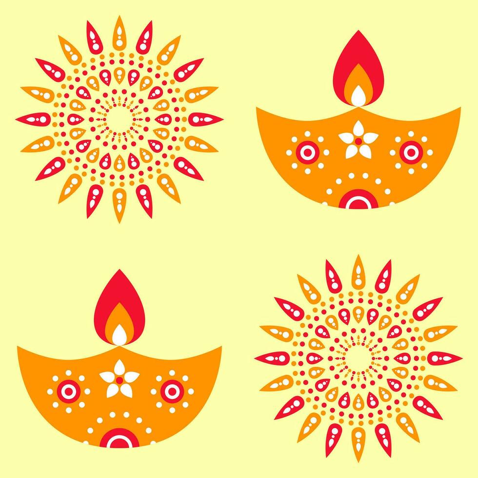 etnisch rangoli of bloemen en lit olie lampen Aan geel achtergrond. vector