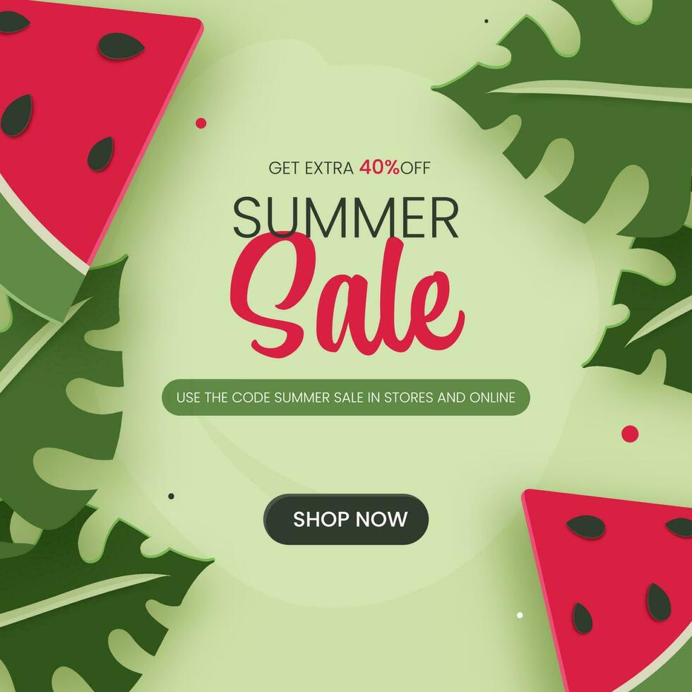 voor zomer uitverkoop poster ontwerp versierd met watermeloen plak en monstera bladeren. vector