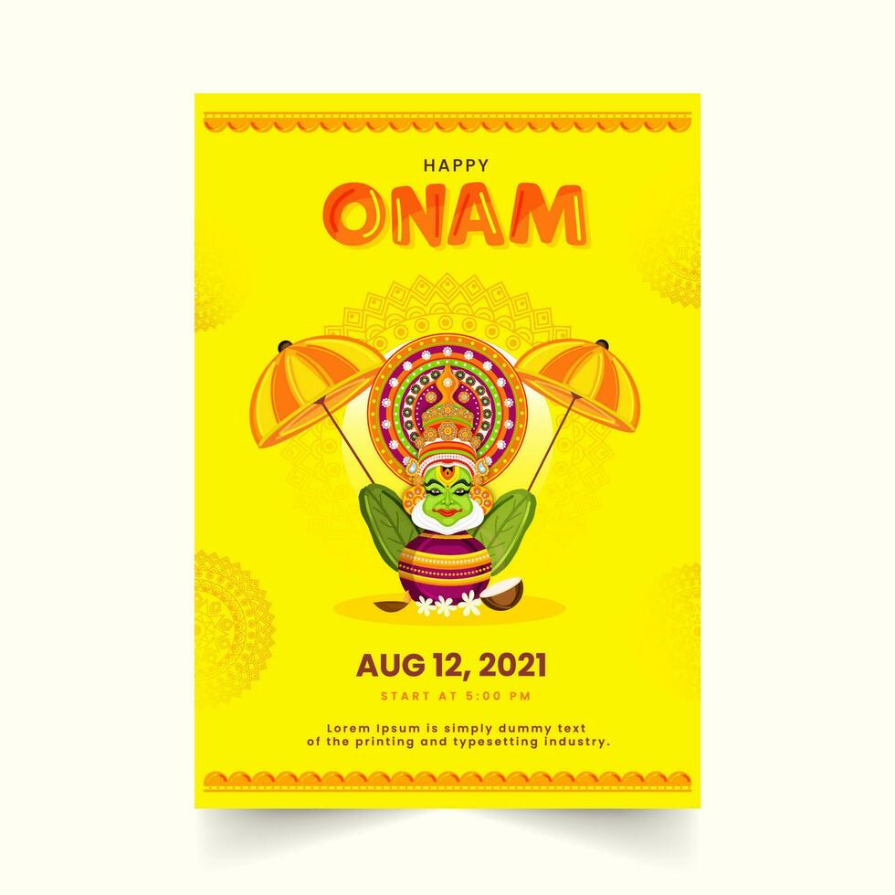 gelukkig onam poster of sjabloon ontwerp met Kathakali danser gezicht en festival elementen in geel kleur. vector