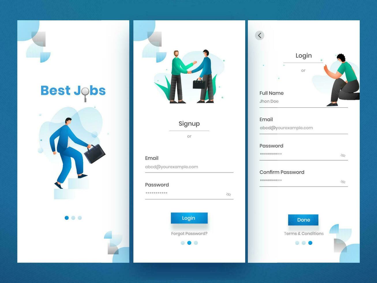 reeks van ui, ux, gui schermen het beste jobs app sjabloon inclusief Log in, creëren account en teken omhoog voor mobiel sollicitatie, snel reagerend website. vector