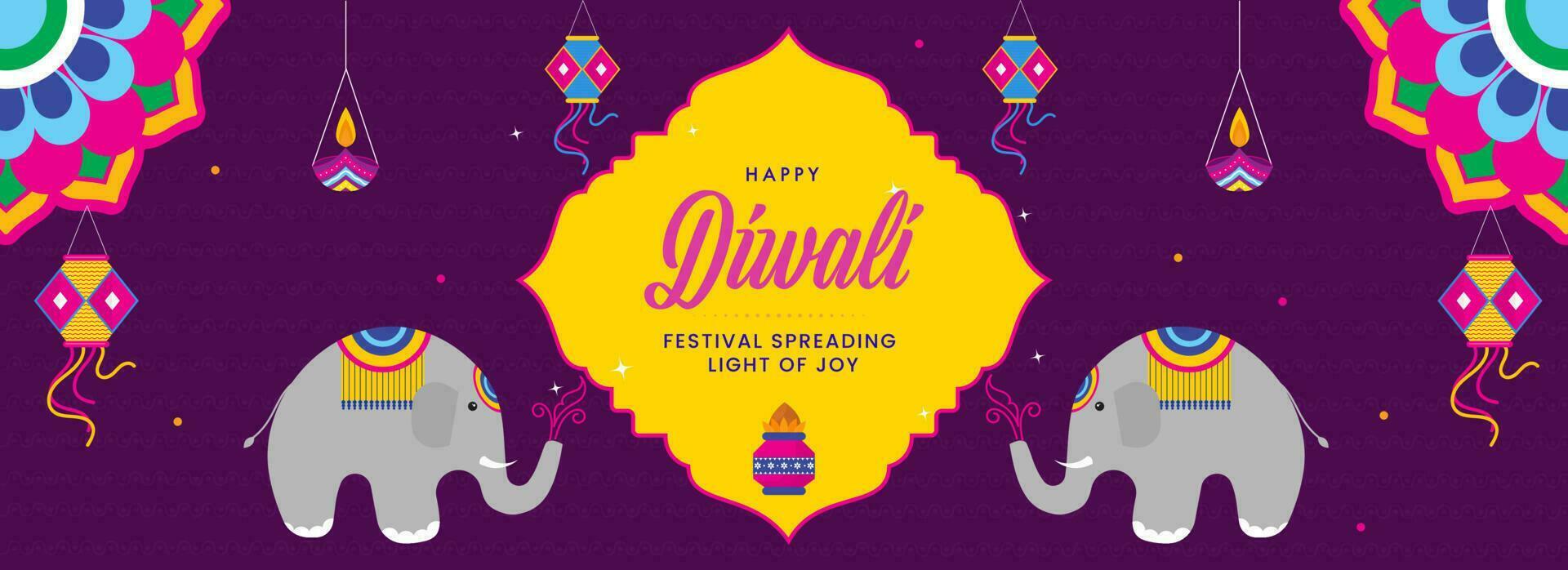 gelukkig diwali viering concept met tekenfilm olifanten, lit olie lampen en lantaarns hangen Aan Purper achtergrond. vector