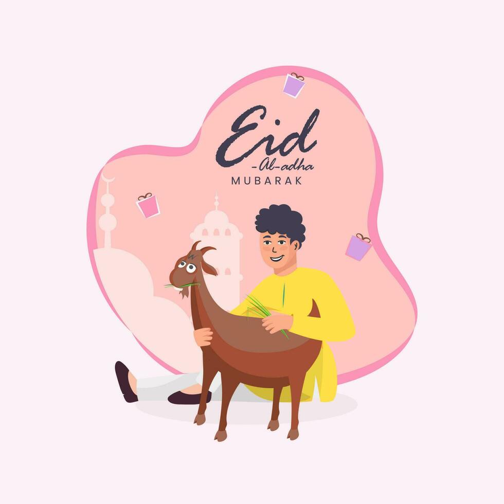 eid-al-adha mubarak concept met moslim jong jongen Holding een geit Aan roze silhouet moskee achtergrond. vector