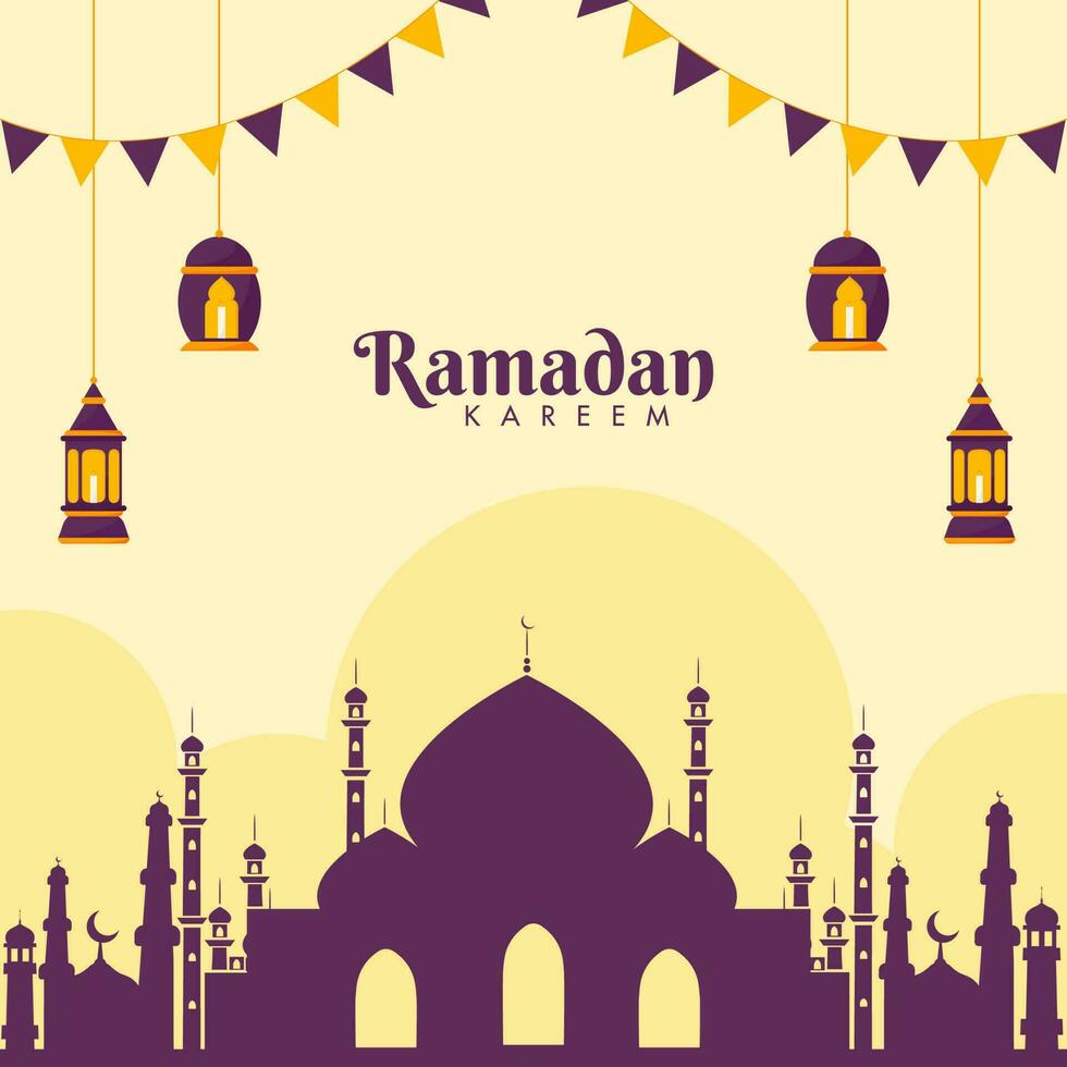 Purper silhouet moskee met hangende lit lantaarns en vlaggedoek vlaggen Aan geel achtergrond voor Ramadan kareem concept. vector