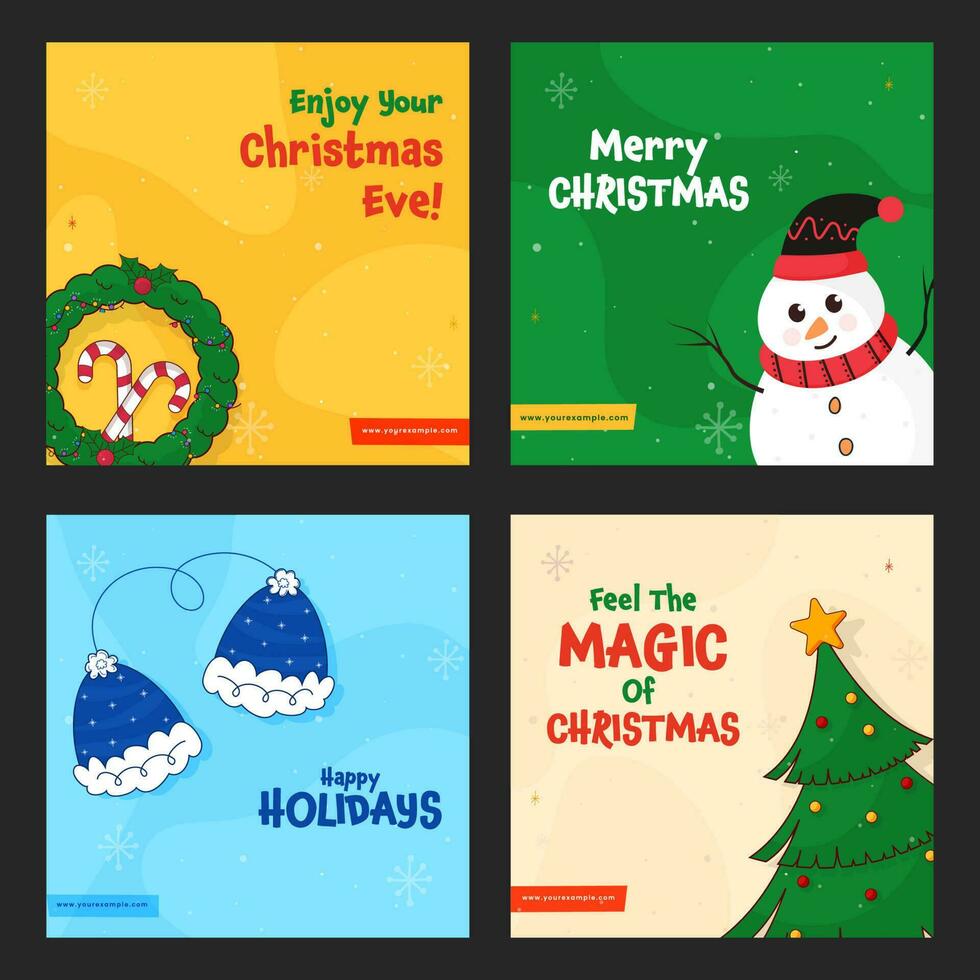 vrolijk Kerstmis en gelukkig vakantie sociaal media berichten in vier kleur opties. vector