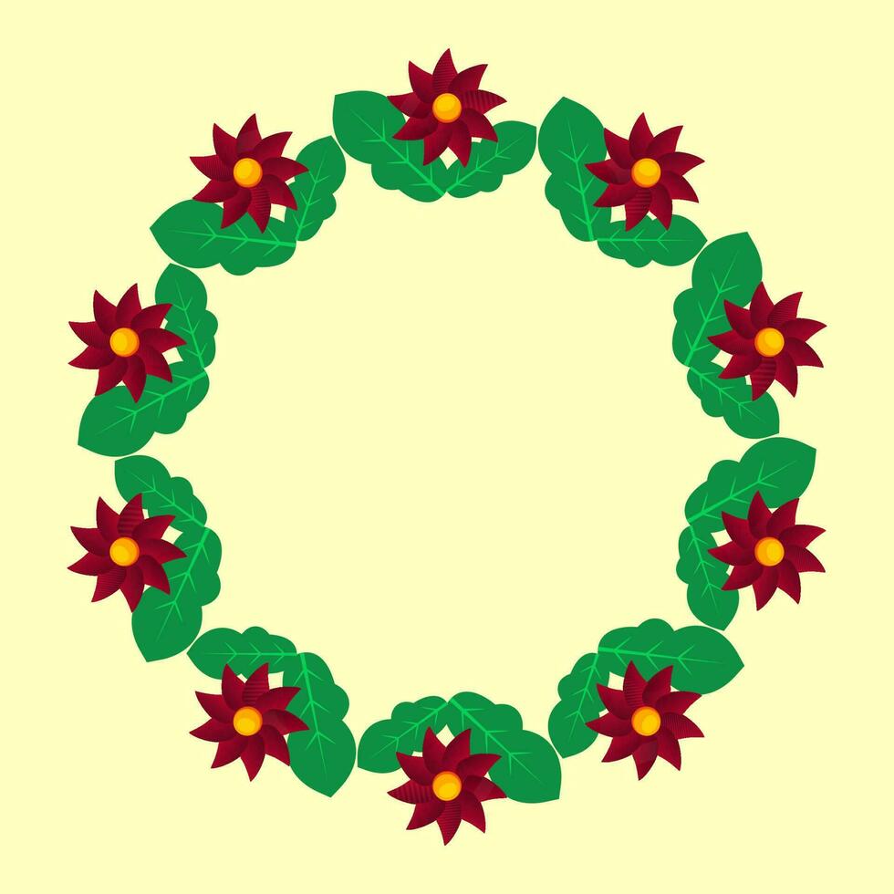 leeg ronde kader gemaakt door bladeren en kerstster bloemen Aan geel achtergrond. vector