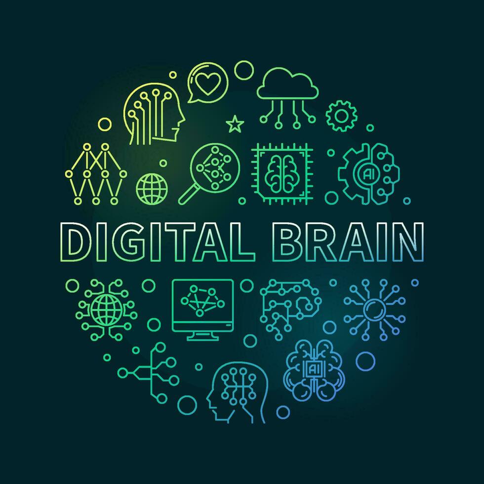 digitaal hersenen concept ronde schets gekleurde banier - vector illustratie