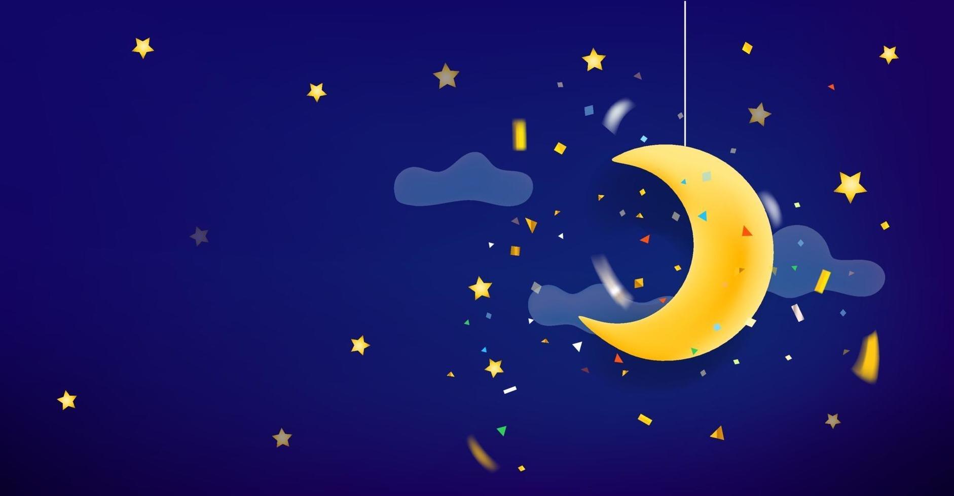 gele maan en sterren in de nacht horizontale banner met exemplaarruimte vector