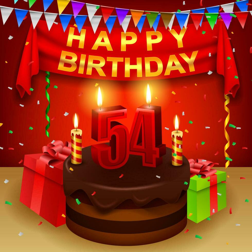 gelukkig 54ste verjaardag met chocola room taart en driehoekig vlag, vector illustratie