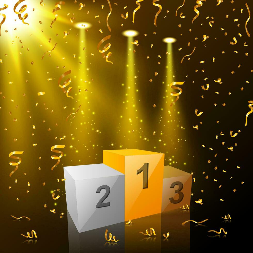 winnaars podium met gouden lichten en confetti viering, vector illustratie