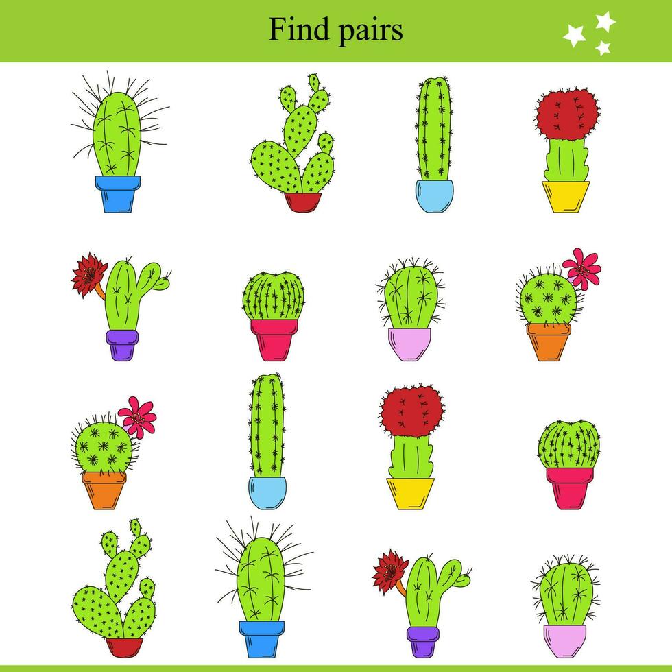 vind paren voor cactussen in potten. kinderen leerzaam spel vector