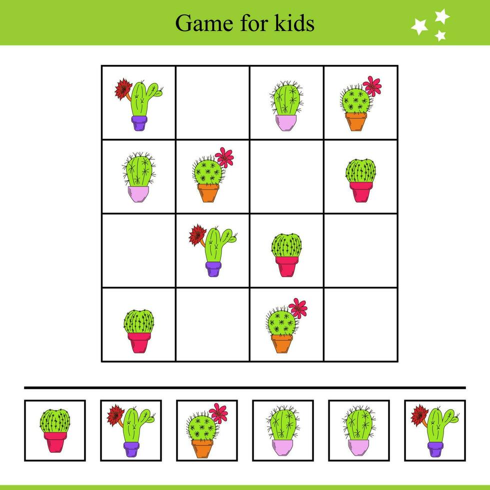 leerzaam spel voor kinderen met cactussen in potten vector