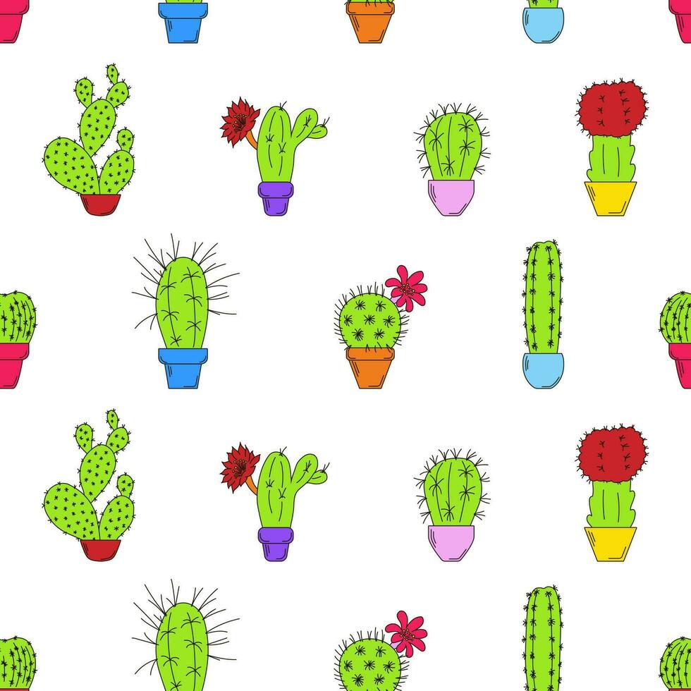 naadloos patroon met gekleurde cactussen in potten met schets vector