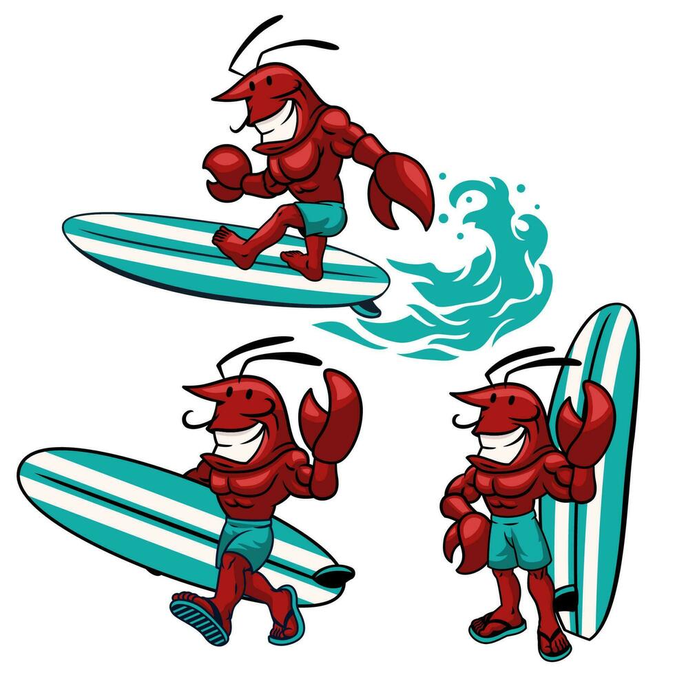 kreeft surfer mascotte tekenfilm karakter reeks vector