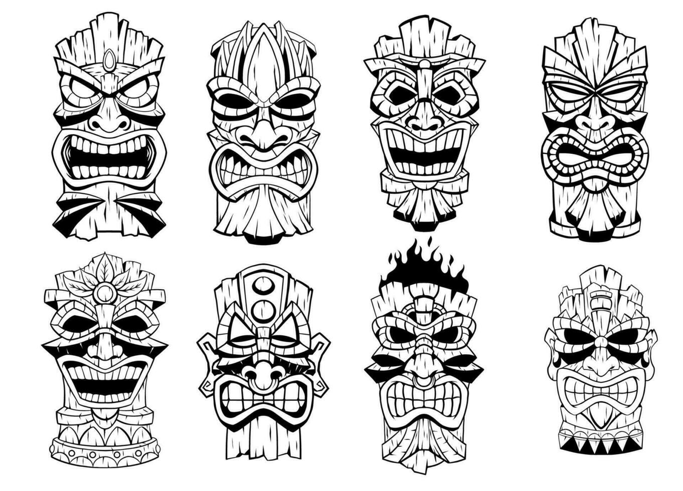 tiki masker reeks verzameling in zwart en wit hand- getrokken vector