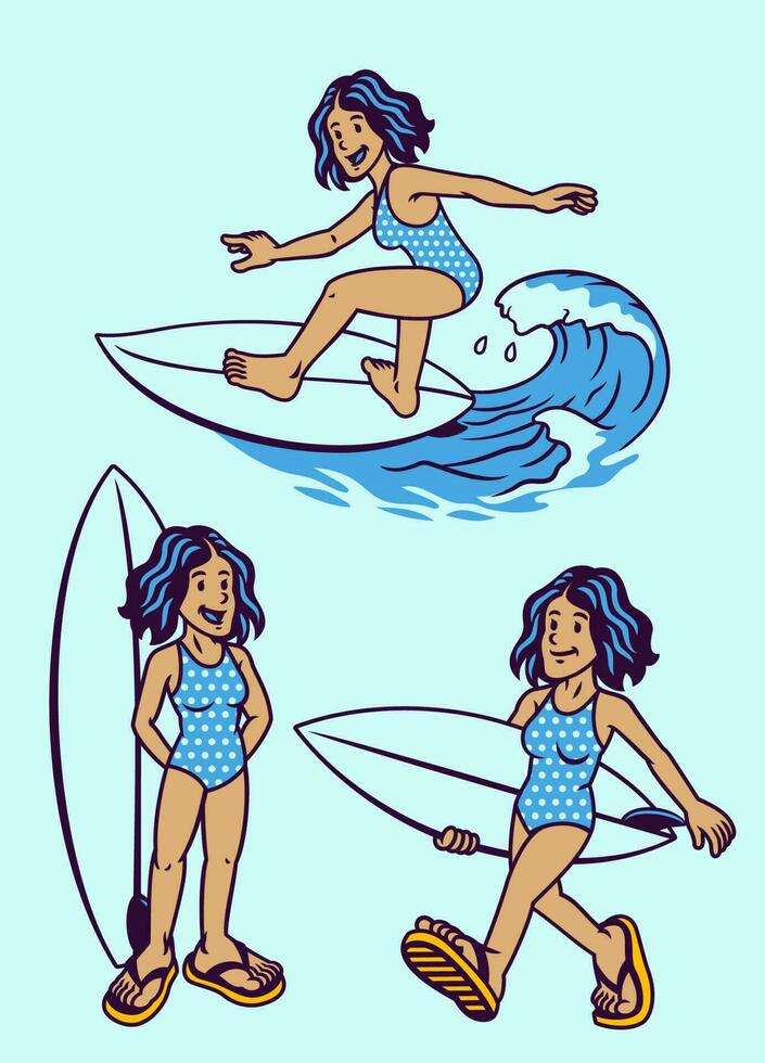 reeks van retro stijl illustratie van Dames surfing vector