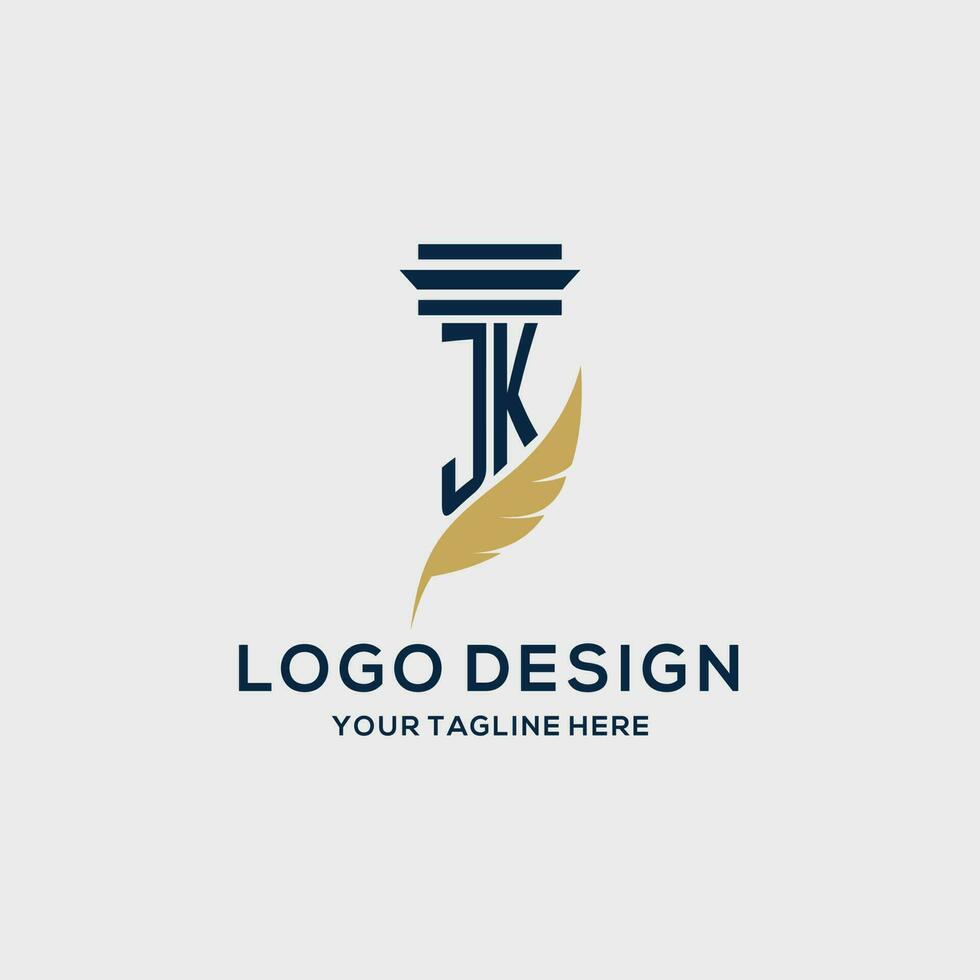 jk monogram eerste logo met pijler en veer ontwerp vector