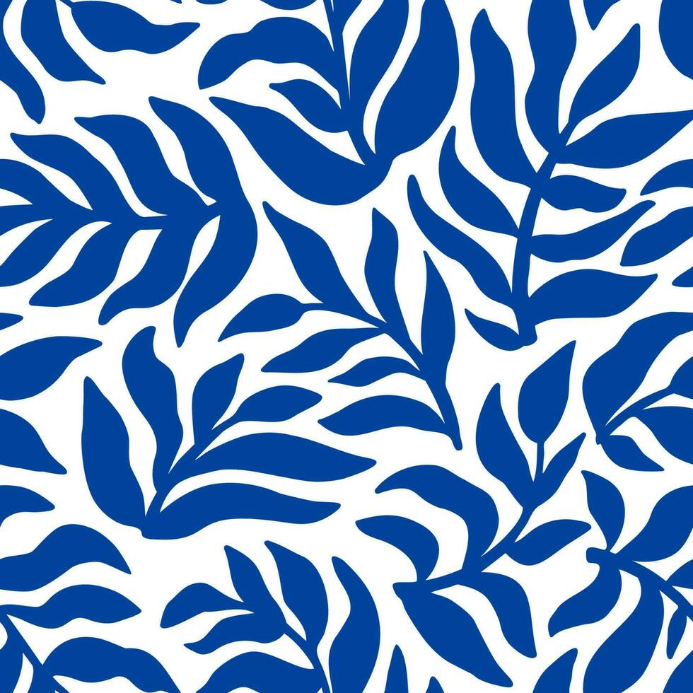 blauw matisse planten naadloos patroon. minimaal abstract bloemen tropisch herhaling afdrukken. uit de vrije hand tekening collage. biologisch bladeren achtergrond, gemakkelijk natuur vormen zomer botanisch vector behang.