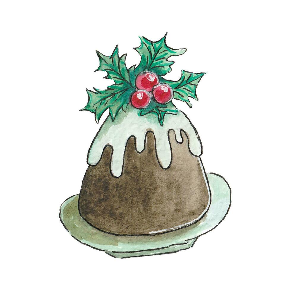 vector waterverf illustratie chocola vakantie taart met glazuur en hulst. banketbakkerij voor Kerstmis