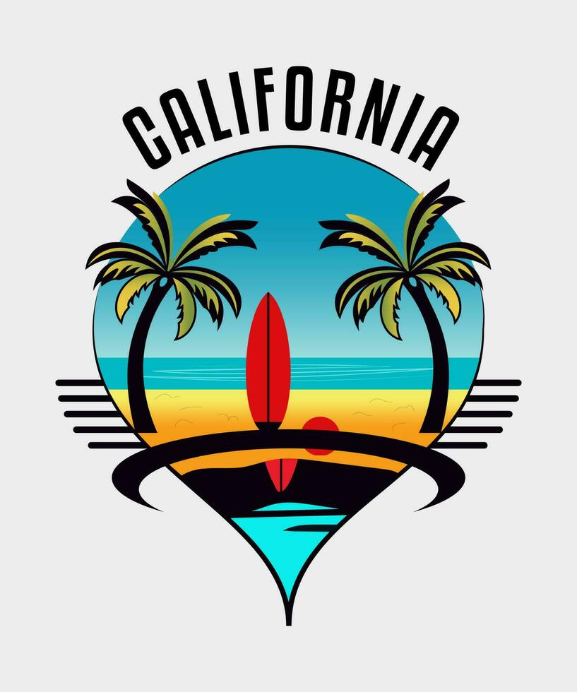 zomer t-shirt ontwerp, een surfboard met een surfboard en een palm boom Aan het. vector