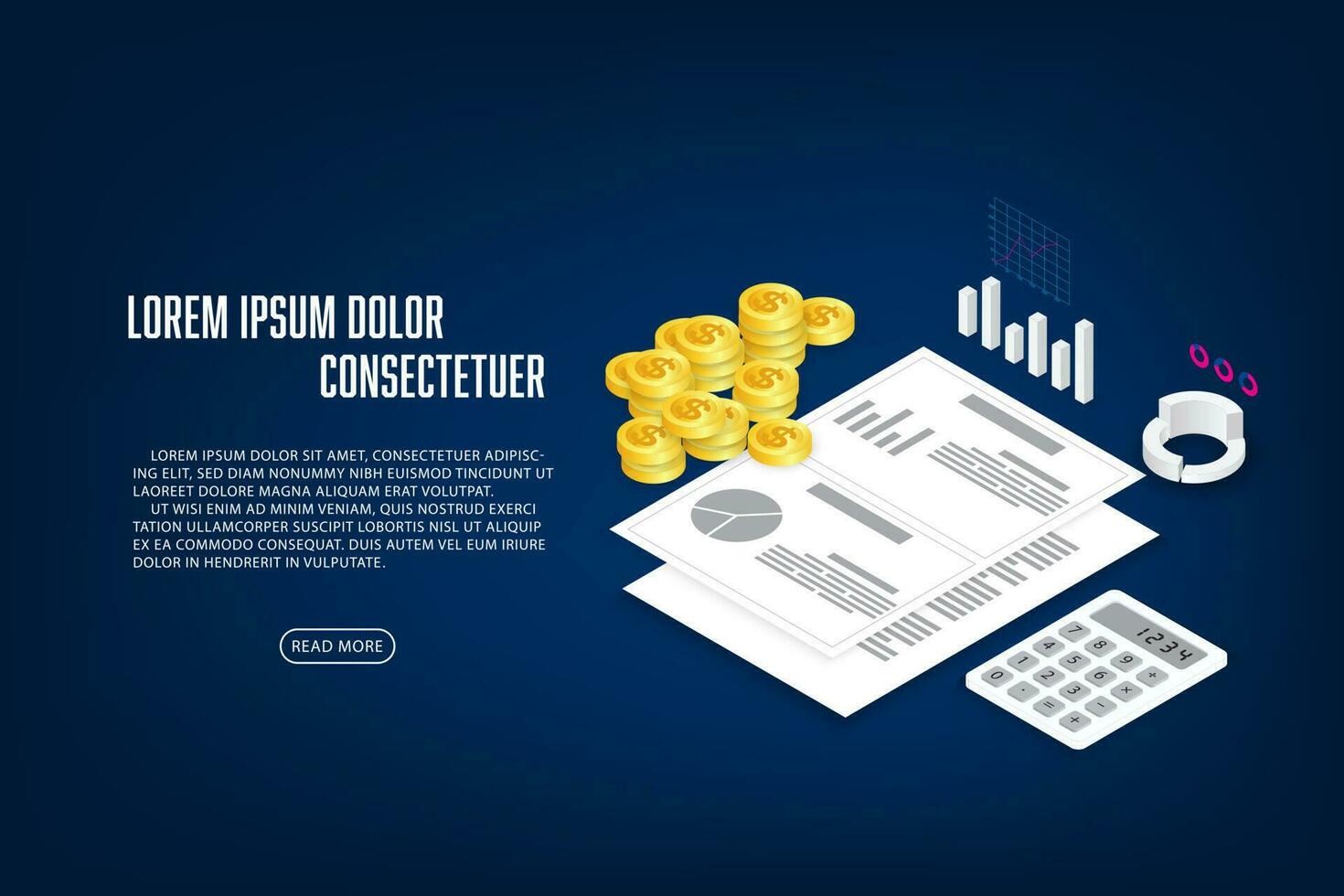 vector isometrische economie, financiën documenten, berekeningen, diagram en munten. creatief ontwerp idee voor infographics.