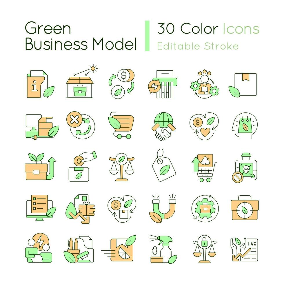 groen bedrijf model- rgb kleur pictogrammen set. milieu vriendelijk bedrijf. geïsoleerd vector illustraties. gemakkelijk gevulde lijn tekeningen verzameling. bewerkbare beroerte