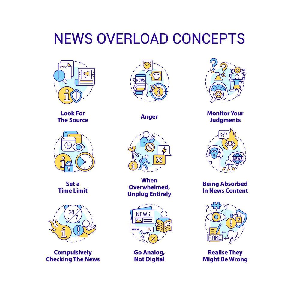 nieuws overbelasten concept pictogrammen set. media consumptie. mentaal Gezondheid. te veel informatie idee dun lijn kleur illustraties. geïsoleerd symbolen. bewerkbare beroerte vector