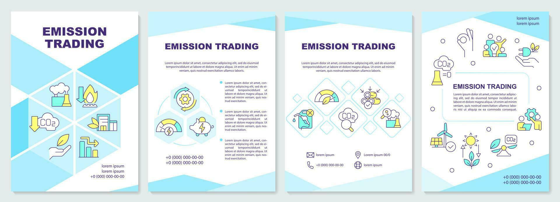 emissie handel blauw brochure sjabloon. decarbonisatie. brochure ontwerp met lineair pictogrammen. bewerkbare 4 vector indelingen voor presentatie, jaar- rapporten