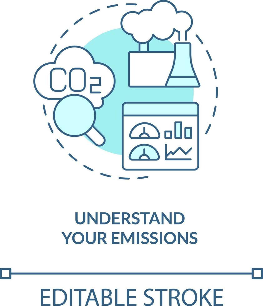 begrijpen uw uitstoot turkoois concept icoon. transformeren naar netto nul abstract idee dun lijn illustratie. geïsoleerd schets tekening. bewerkbare beroerte vector
