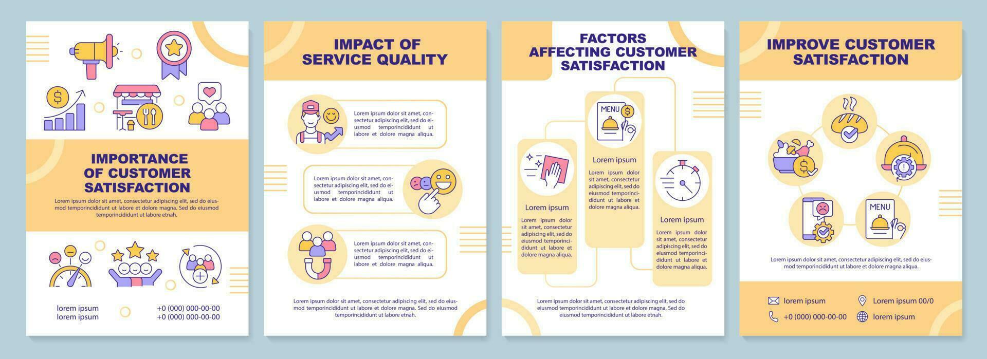 klant tevredenheid in restaurant industrie brochure sjabloon. brochure ontwerp met lineair pictogrammen. bewerkbare 4 vector indelingen voor presentatie, jaar- rapporten