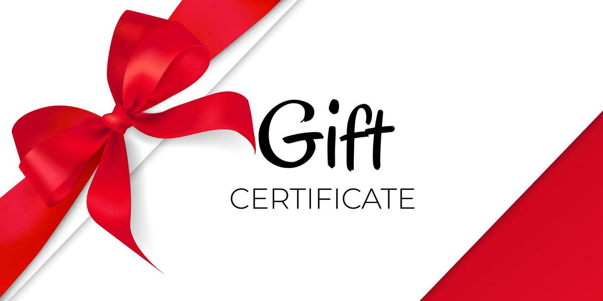 blanco geschenk kaart of certificaat sjabloon met elegant rood boog en satijn lint grens. realistisch ontwerp element Aan wit achtergrond voor bedrijf, verkoop, en promoties. perfect voor kerstmis, verjaardagen vector