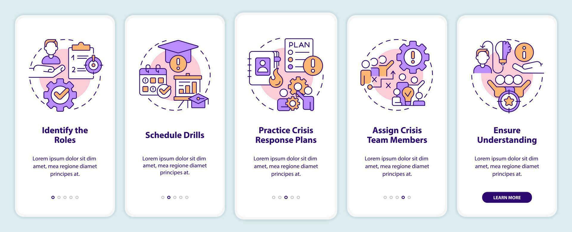 crisis beheer team onboarding mobiel app scherm. walkthrough 5 stappen bewerkbare grafisch instructies met lineair concepten. ui, ux, gui sjabloon vector