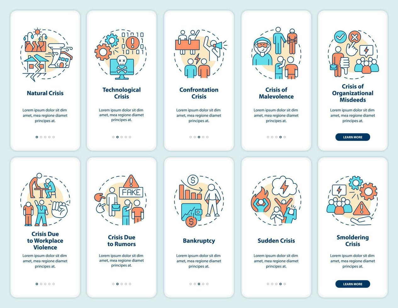 crisis beheer onboarding mobiel app scherm set. risico's types walkthrough 5 stappen bewerkbare grafisch instructies met lineair concepten. ui, ux, gui sjabloon vector