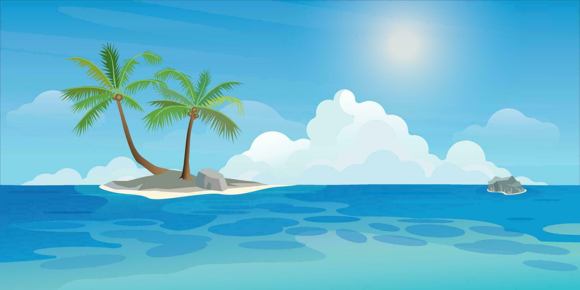klein tropisch eiland met palm bomen Bij de oceaan in zonnig dag vlak ontwerp. reizen in zomer seizoen concept vector illustratie achtergrond.