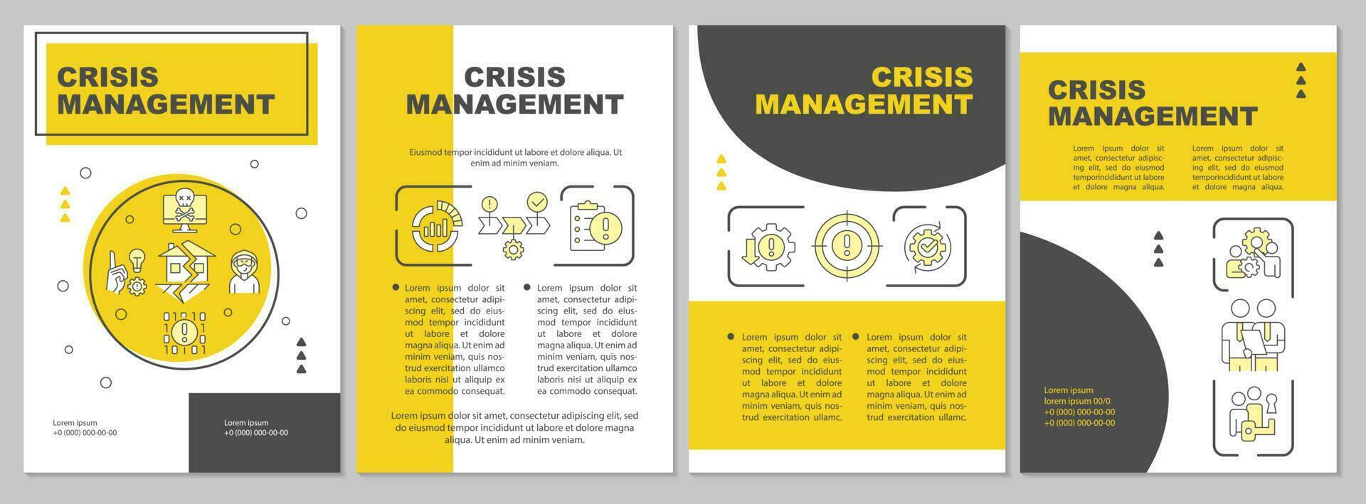 crisis beheer werkwijze geel brochure sjabloon. brochure ontwerp met lineair pictogrammen. bewerkbare 4 vector indelingen voor presentatie, jaar- rapporten
