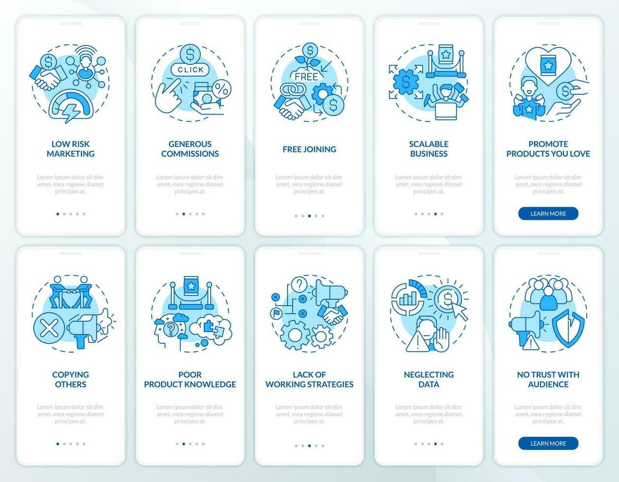 affiliate marketeer werk blauw onboarding mobiel app schermen set. walkthrough 5 stappen bewerkbare grafisch instructies met lineair concepten. ui, ux, gui sjabloon vector