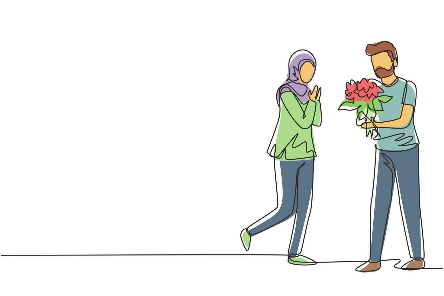 continu één lijntekening arabische man die huwelijksaanzoek doet met vrouw met boeket. jongen verrast zijn meisje en geeft bloemen. betrokkenheid en liefdesrelatie. enkele lijn tekenen ontwerp vectorafbeelding vector