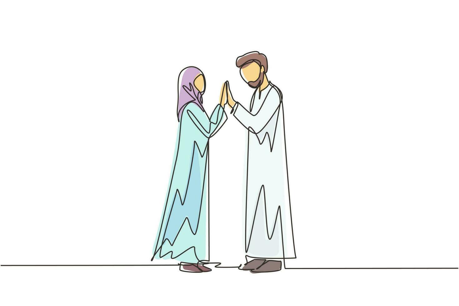 enkele lijntekening Arabische man en vrouw hand in hand en kijken elkaar in de ogen. verliefde paar tijd samen buitenshuis doorbrengen. gelukkig familieconcept. doorlopende lijn ontwerp grafische vector