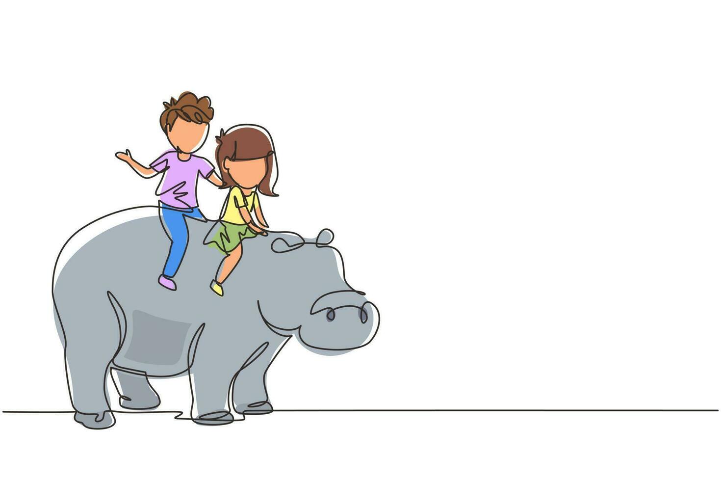 continu één lijntekening gelukkige kleine jongen en meisje die nijlpaard samen rijden. kinderen zitten op de rug nijlpaard in dierentuin. kinderen leren nijlpaard rijden. enkele lijn tekenen ontwerp vectorafbeelding vector