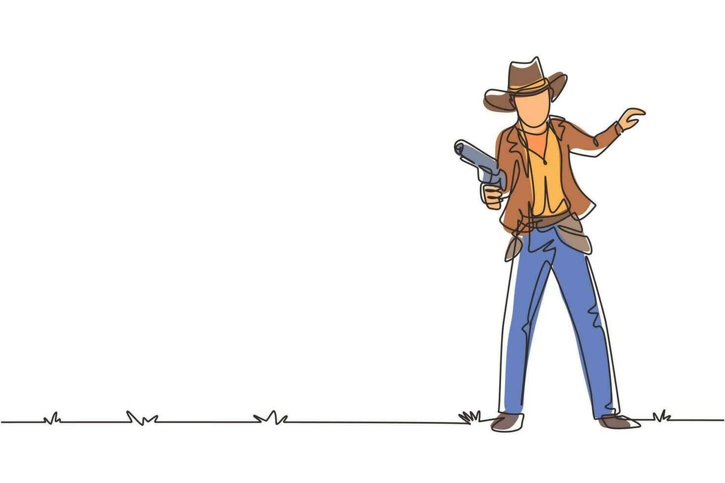 enkele één lijntekening slimme cowboy die zijn pistool vasthoudt en de kanonnen richt. wilde westen gunslinger stijl houden pistool. wapens voor zelfverdediging. doorlopende lijn tekenen ontwerp grafische vectorillustratie vector