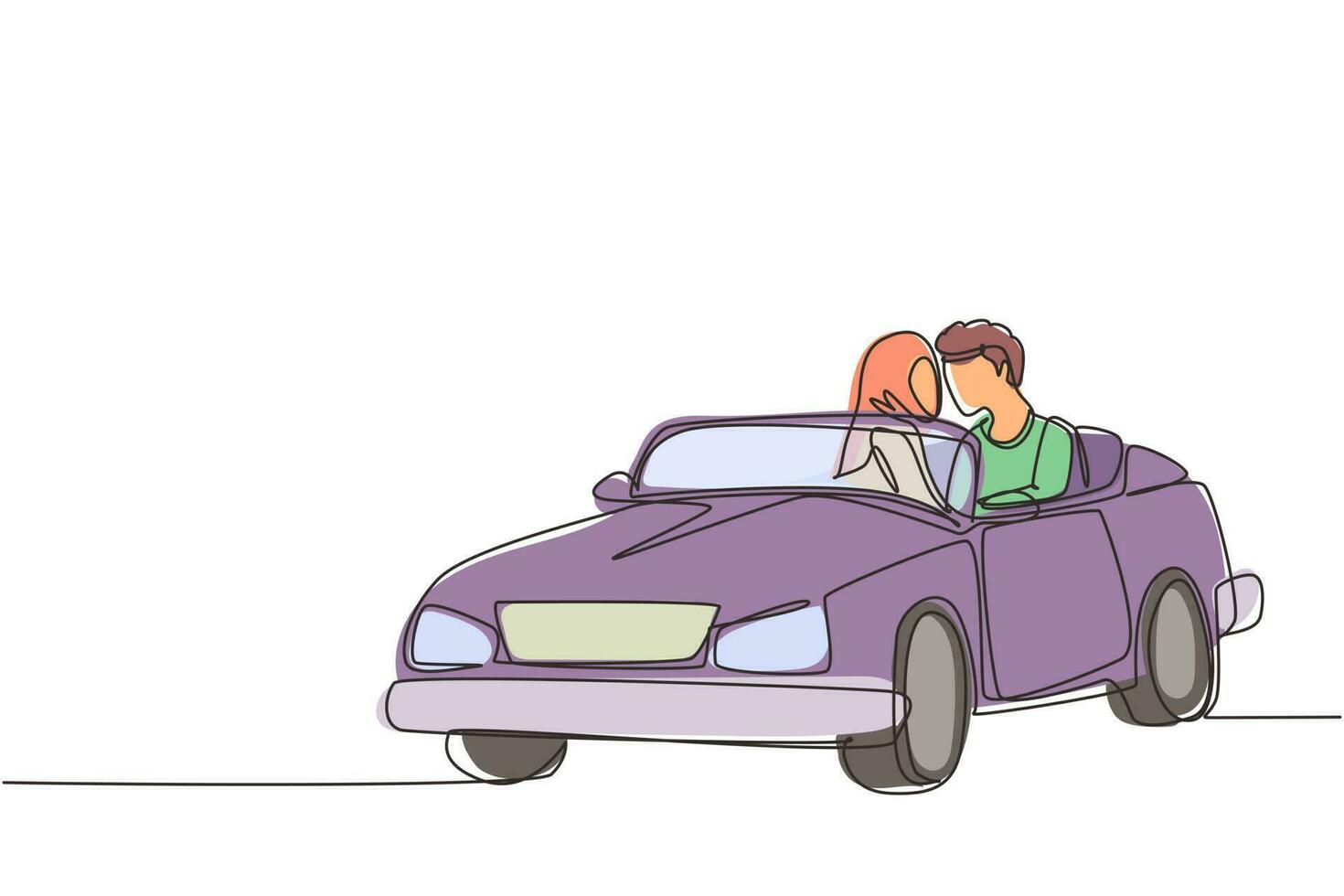 continu één lijntekening romantisch arabisch paar rijdende auto op roadtrip. vrolijke man en vrouw rijden in cabriolet auto. paar zomervakantie reizen. enkele lijn tekenen ontwerp vectorafbeelding vector