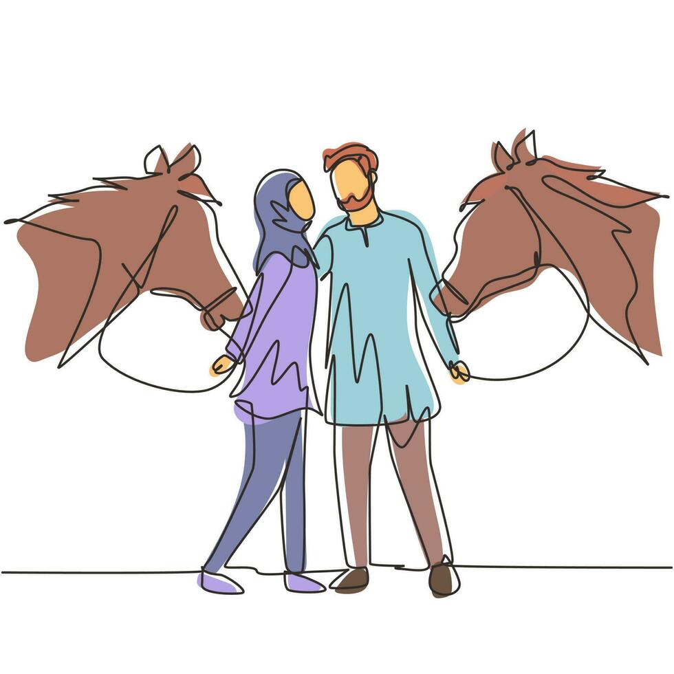 enkele een lijntekening romantisch Arabisch koppel met paarden. man en vrouw ontmoeten elkaar om te daten met rijpaard. betrokkenheid en liefdesrelatie. moderne doorlopende lijn tekenen ontwerp grafische vectorillustratie vector