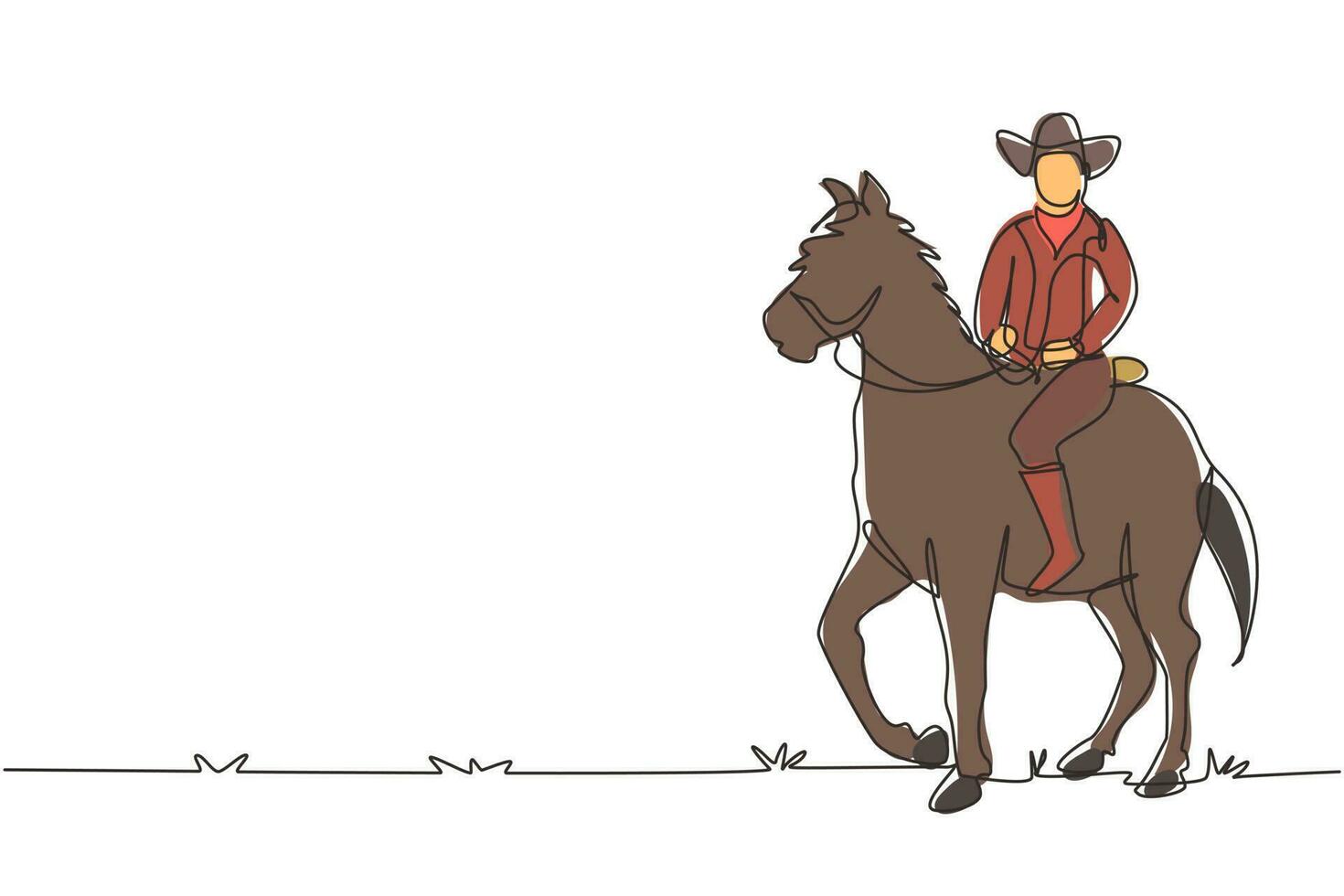 enkele doorlopende lijntekening cowboy rijden staande paard in de woestijn. man met cowboyhoed rijpaard. senior mannen poseren elegantie te paard. dynamische één lijn trekken grafisch ontwerp vectorillustratie vector