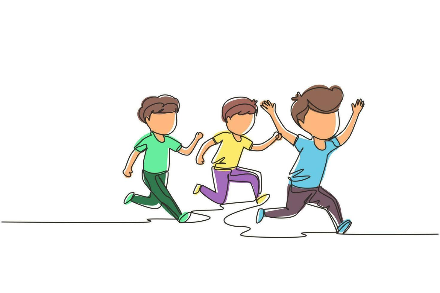 enkele ononderbroken lijntekening kinderen in atletiekwedstrijden. de jongens rennen het stadion in en eindigen. het kind kwam als eerste aanrennen en won. dynamische één lijn trekken grafisch ontwerp vectorillustratie vector