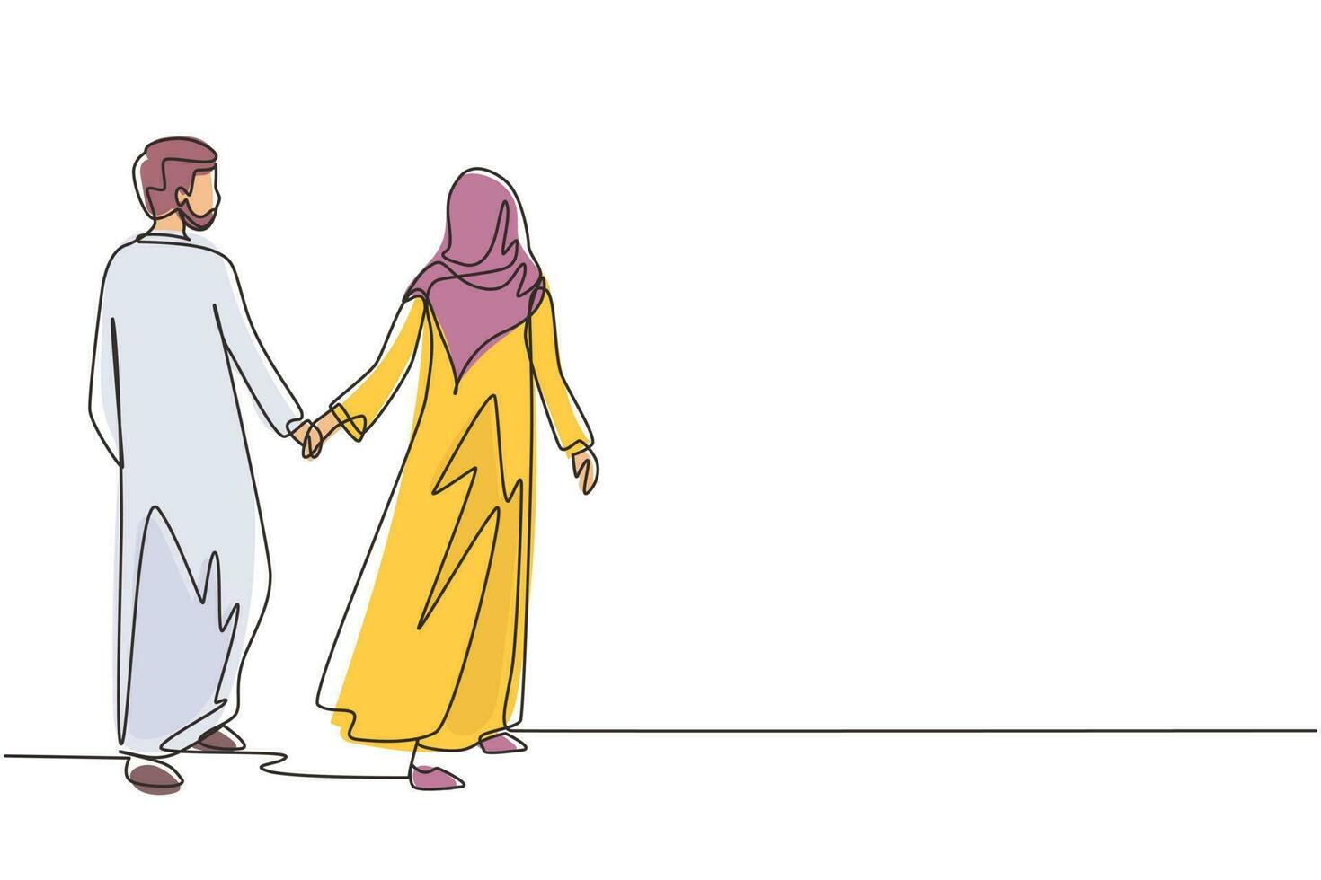 enkele een lijntekening romantisch Arabisch paar verliefd hand in hand. jong verliefd stel tijd samen doorbrengen in het park. gelukkig familieconcept. doorlopende lijn tekenen ontwerp grafische vectorillustratie vector