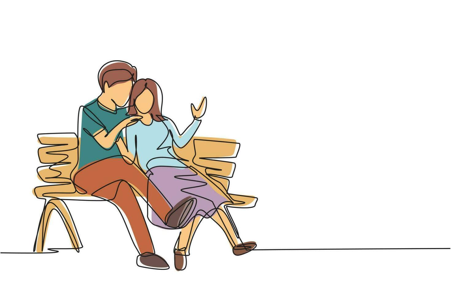 single doorlopend lijn tekening romantisch paar Aan bank in park. gelukkig Mens knuffelen en omarmen vrouw. paar dating vieren bruiloft verjaardag. een lijn trek grafisch ontwerp vector illustratie