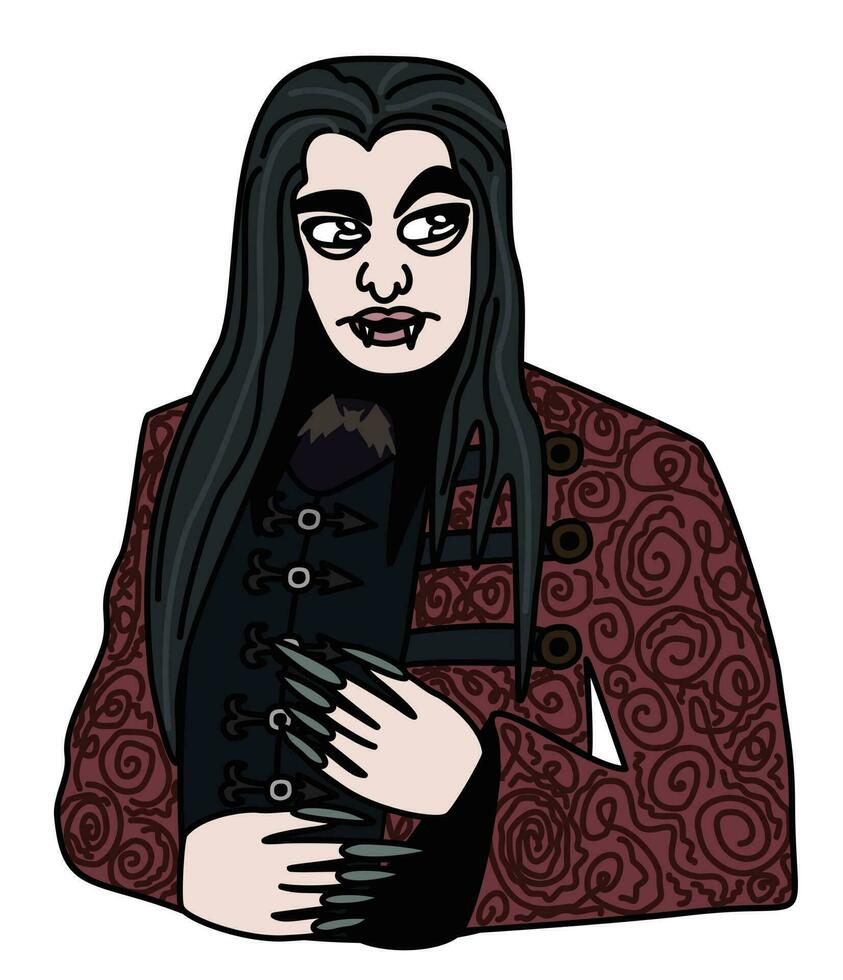Victoriaans vampier. Mens met lang donker haar- in gotisch kleren. vector