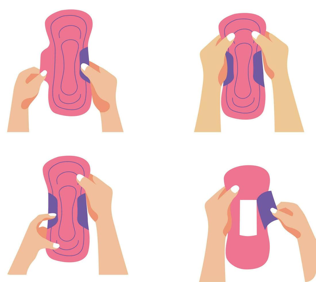 reeks van vrouw handen met sanitair servetten. vector illustratie in vlak stijl.