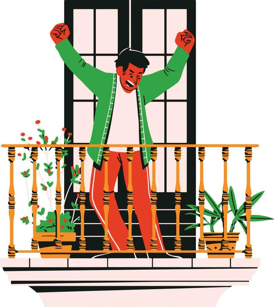 gelukkig jong Mens met verheven handen staand Aan balkon. vector illustratie.