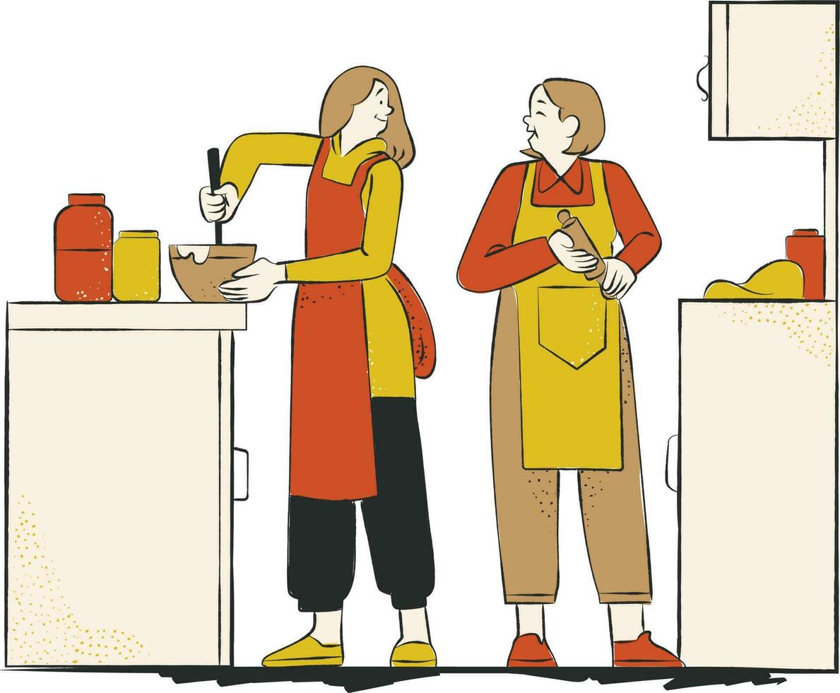 persoon in de keuken. vrouw en Mens Koken in de keuken. vector illustratie in vlak stijl